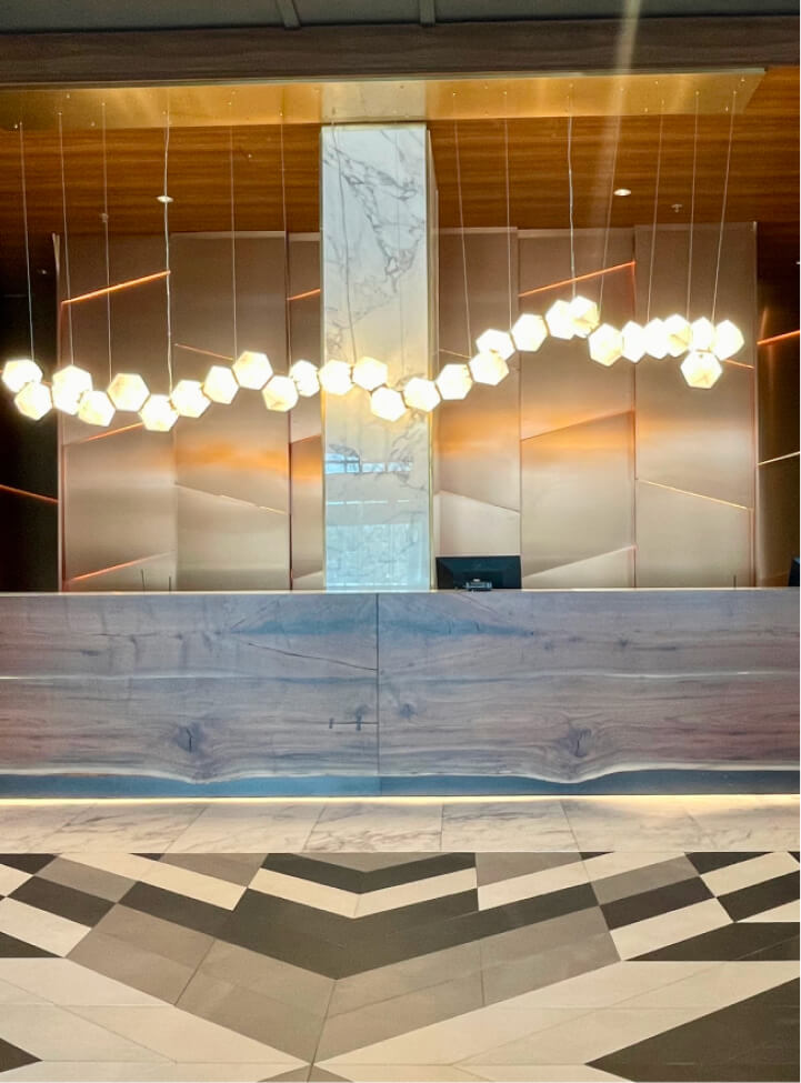 hotel lobby geometric light fixture