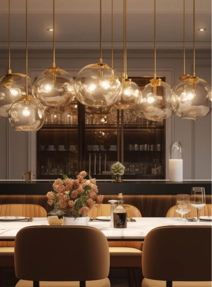 luxury interior dining room with warm glowing lights